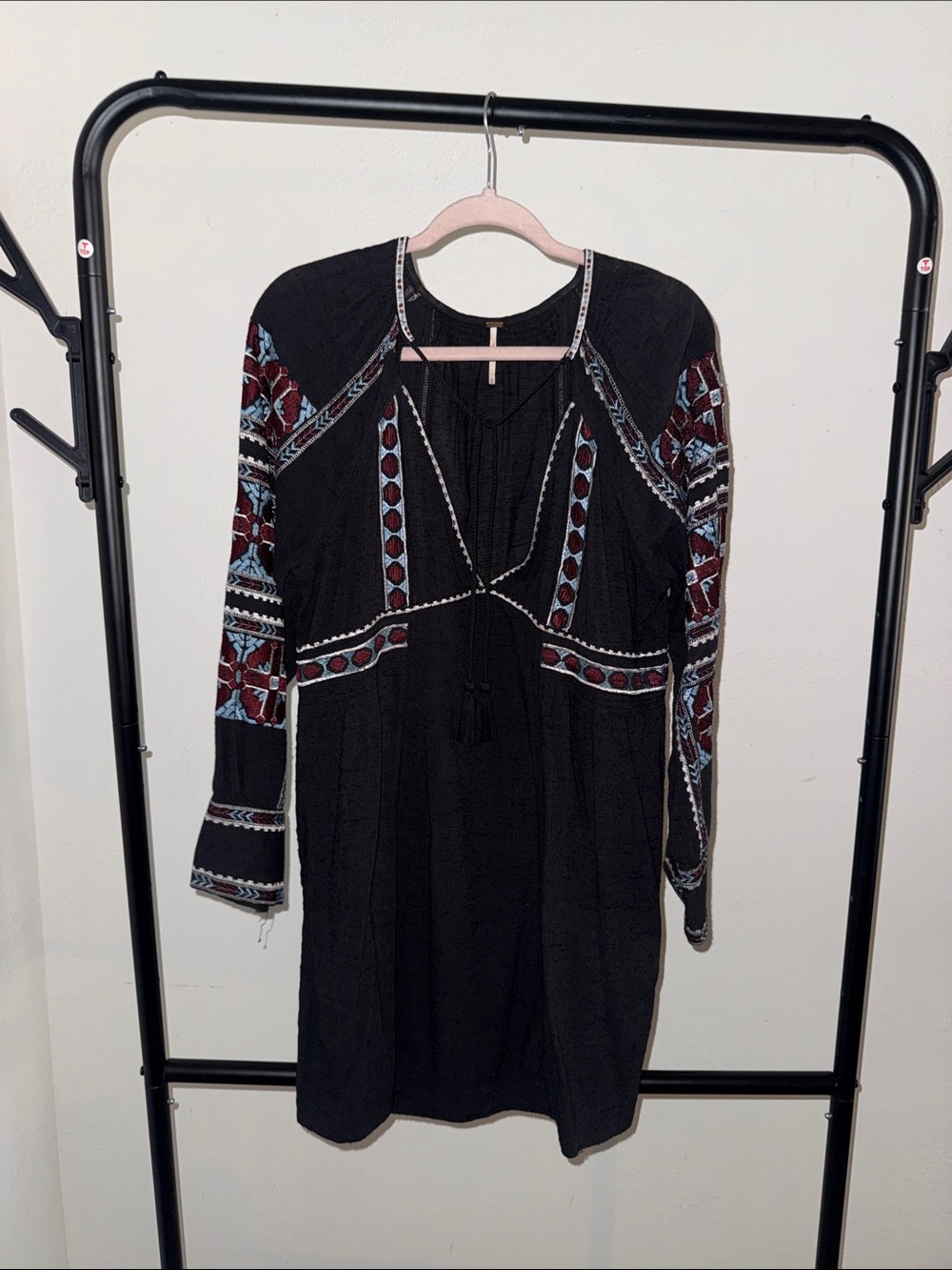 Free People Black Embroidered Long-Sleeve Boho Dress with Red & Blue Accents